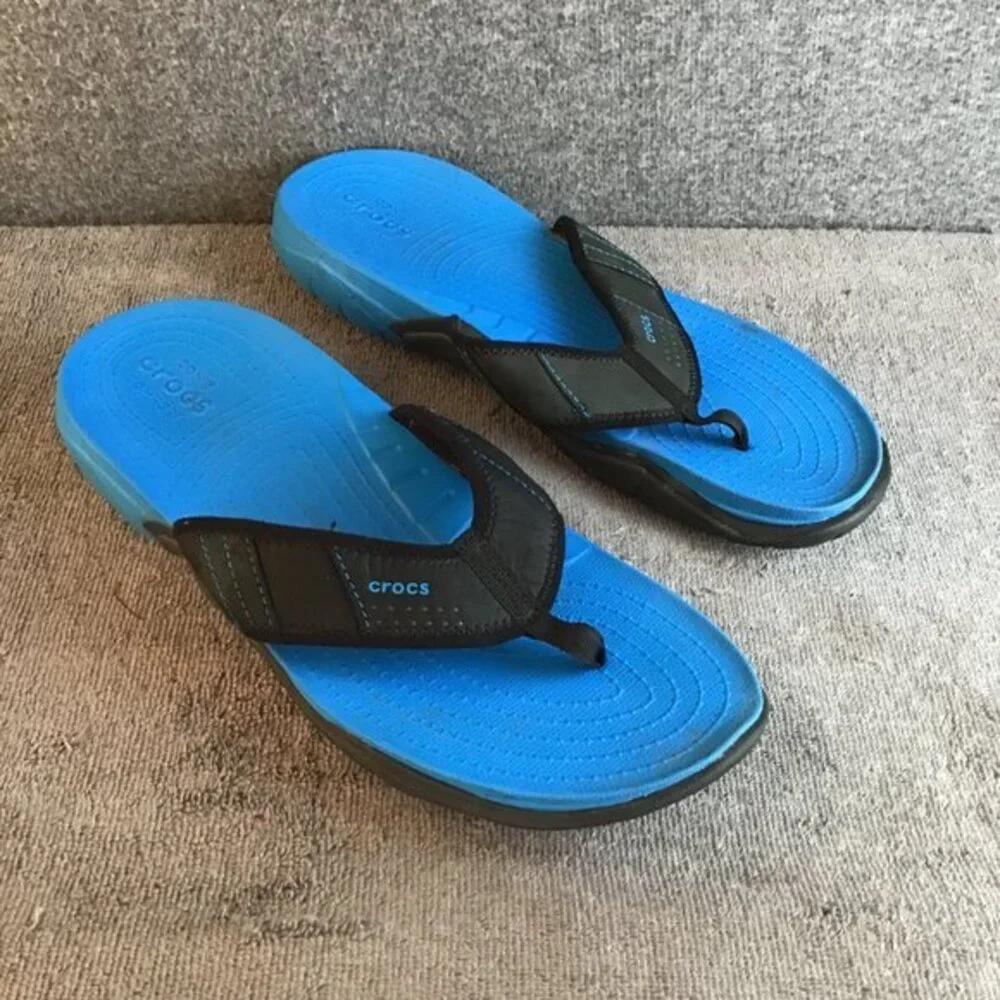 Crocs Swiftwater Blue Black Leather Comfort Sandals Flip Flops Sz 12 EUC‎